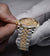 Close up of White Gloved Hand Holding a Two-Toned Yellow and White Gold Rolex Watch