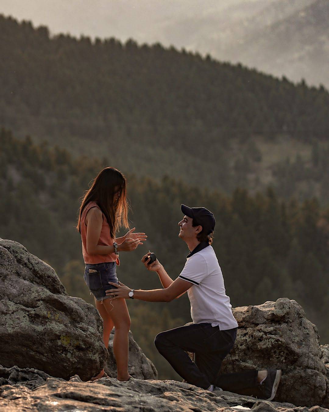 Jordan Proposing to Linda Overlooking the Rocky Mountains with an Engagement Ring from Henne Jewelers