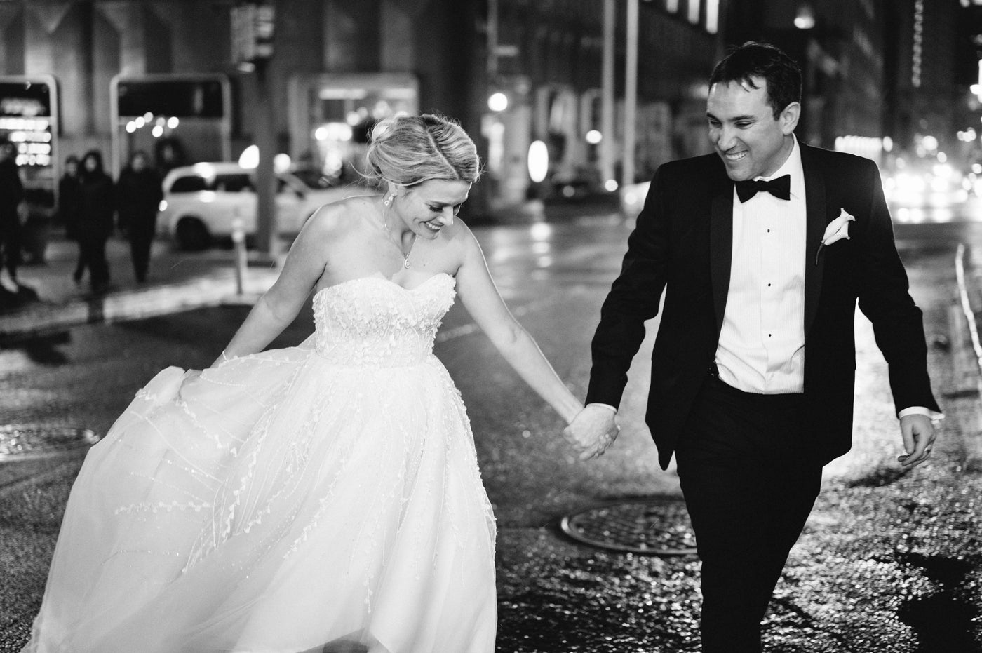 Henne Engagement Ring Couple Jeff and Lacy Laughing While Crossing the Street