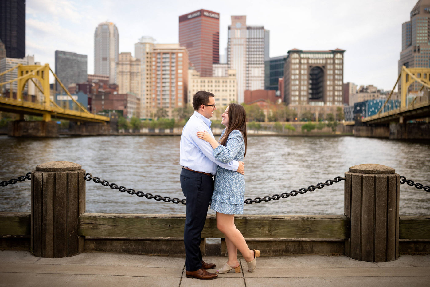 Henne Engagement Ring Couple Kevin and Jessica Overlooking the Water in Downtown Pittsburgh