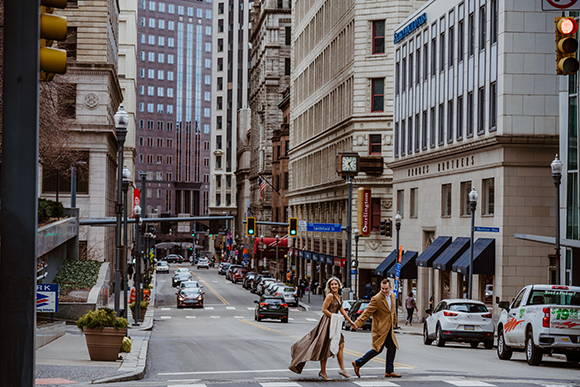 Henne Engagement Ring Couple Lee & Allison Walking Down the City Streets