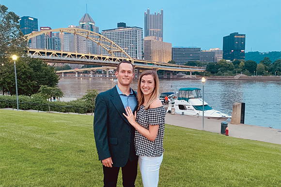 Henne Engagement Ring Couple Adam & Kailey Overlooking The Pittsburgh Cityscape