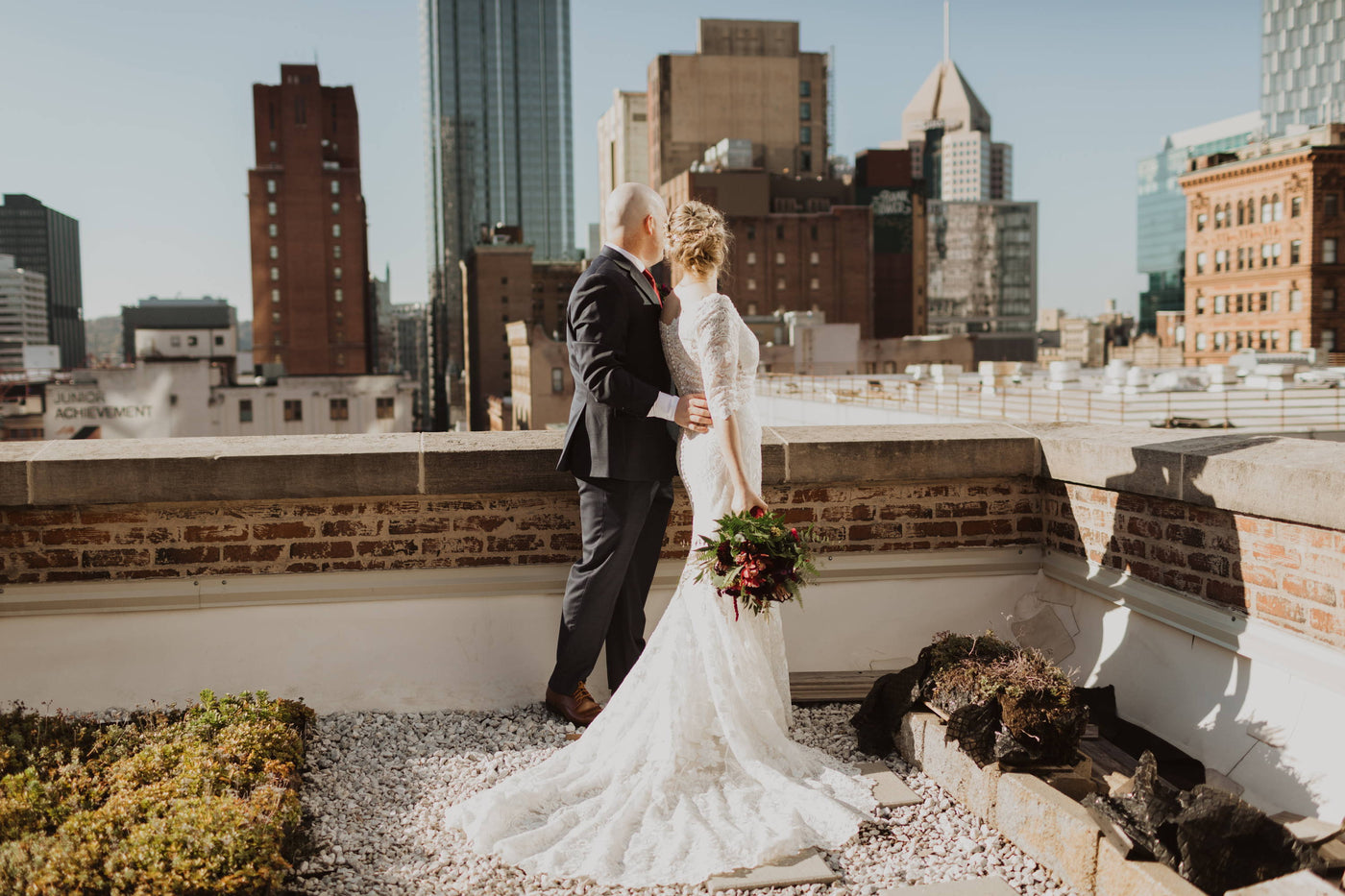 Henne Engagement Ring Couple Cory and Alexa Overlooking the City on Their Wedding Day