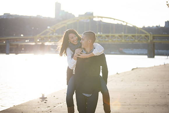 Henne Engagement Ring Couple Chelsia and Daniel With Pittsburgh Bridge Behind Them