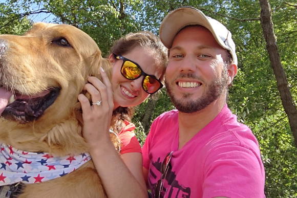 Henne Engagement Ring Couple Justin & Emily Outdoors with Their Golden Retriever