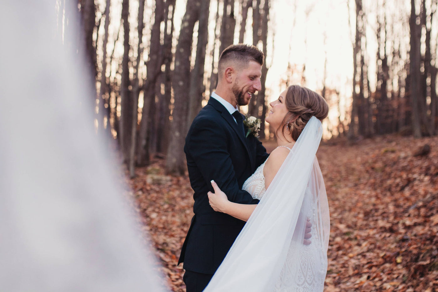Henne Engagement Ring Couple Steve & Kira Share a Sweet Moment in the Woods on Their Wedding Day