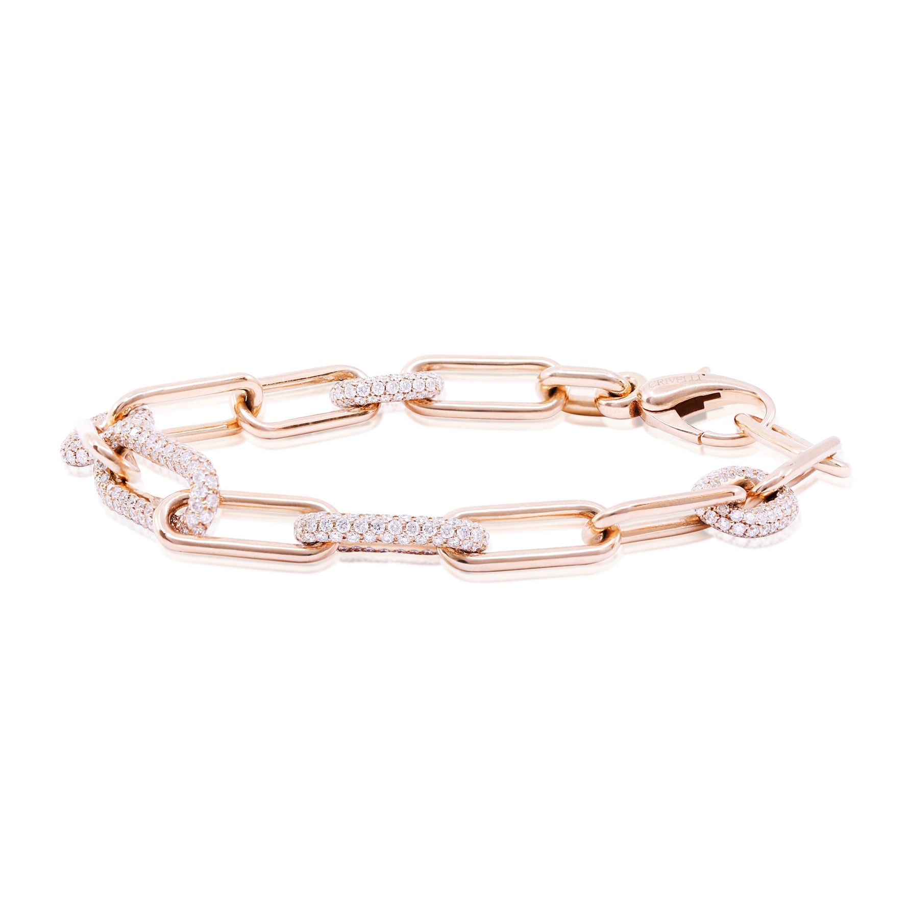18K ROSE GOLD 7-INCH PAPERCLIP AND OVAL PAVE DIAMOND LINK BRACELET