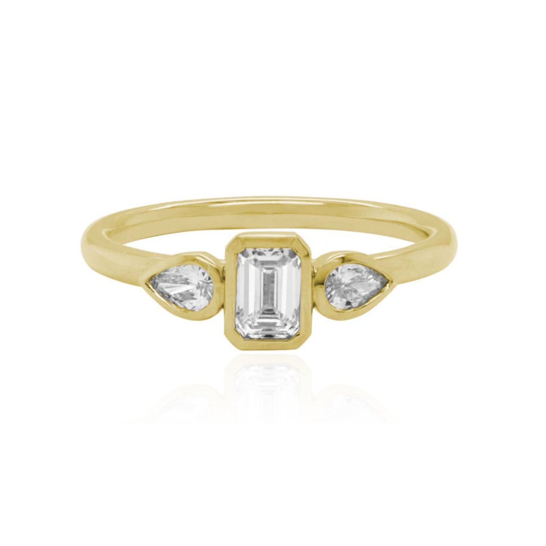 14K YELLOW GOLD EMERALD-CUT AND PEAR-SHAPE THREE-STONE DIAMOND ENGAGEMENT RING