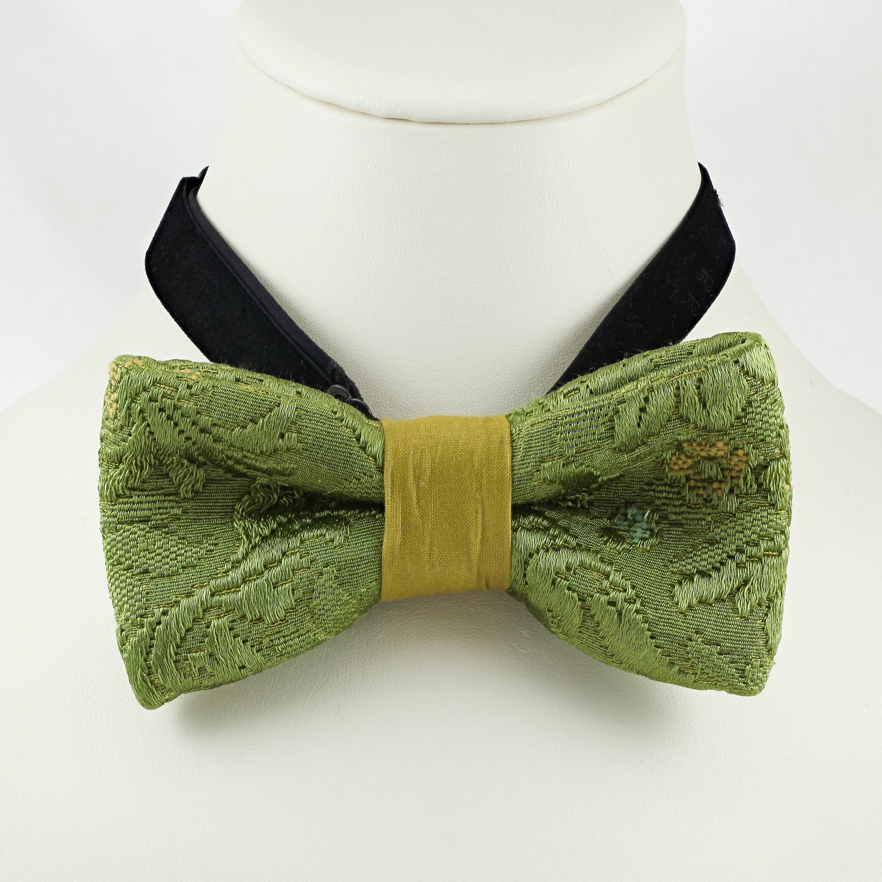 Single tier green brocade bowtie with mustard green center