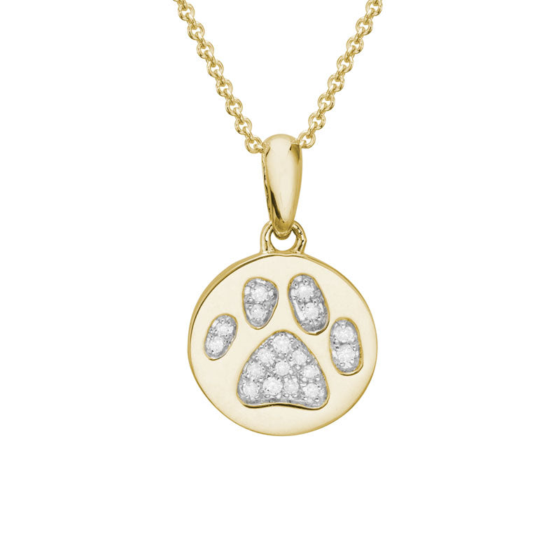 14K YELLOW GOLD 10MM PAW PRINT DISC PENDANT NECKLACE 0.06CTW