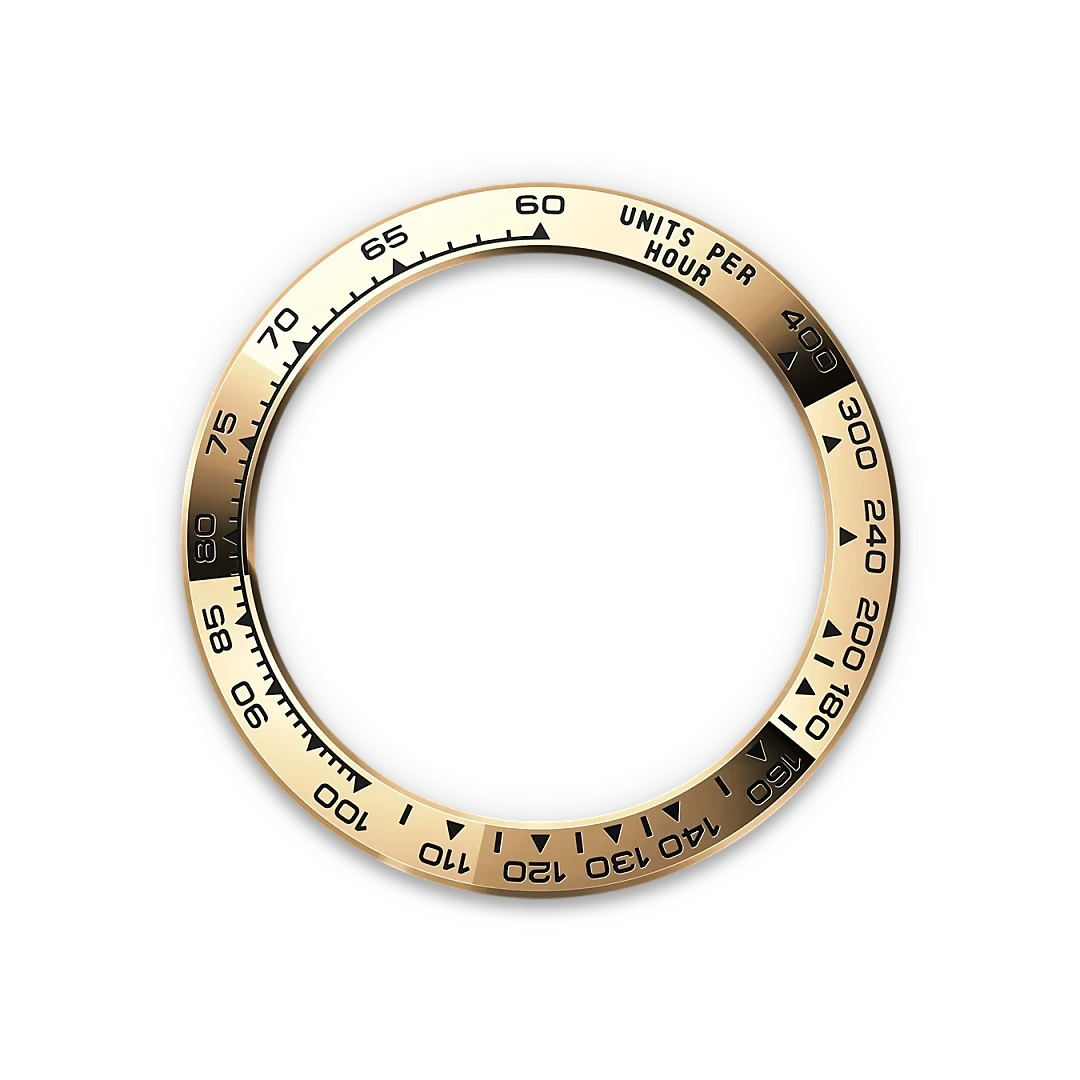 Close-up of a gold-tone tachymeter bezel ring with black numerical markings from 60 to 400 units per hour on a black background, designed for a luxury watch.