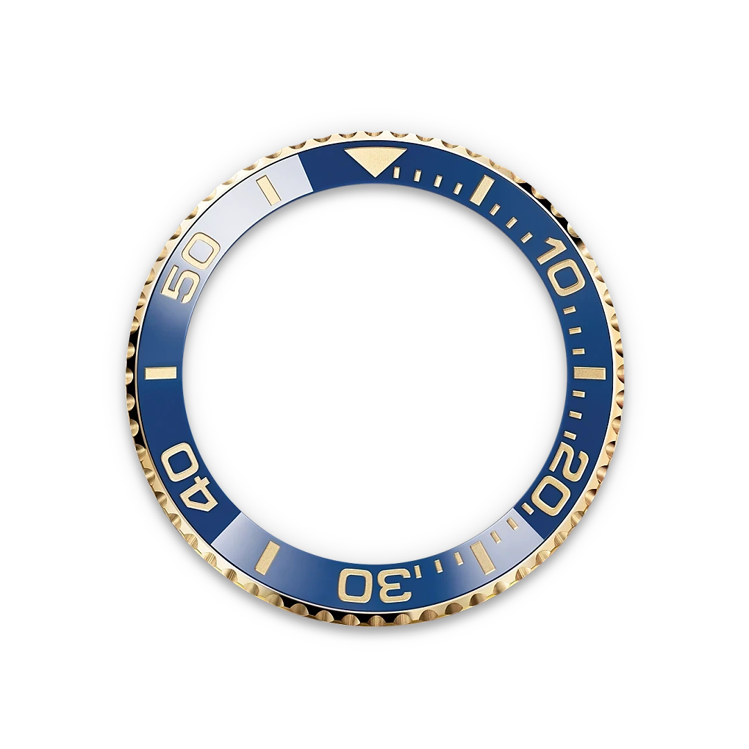 A close-up of a blue and gold watch bezel with minute markers and numerals, highlighting luxury craftsmanship fitting for Rolex or fine watch collections.