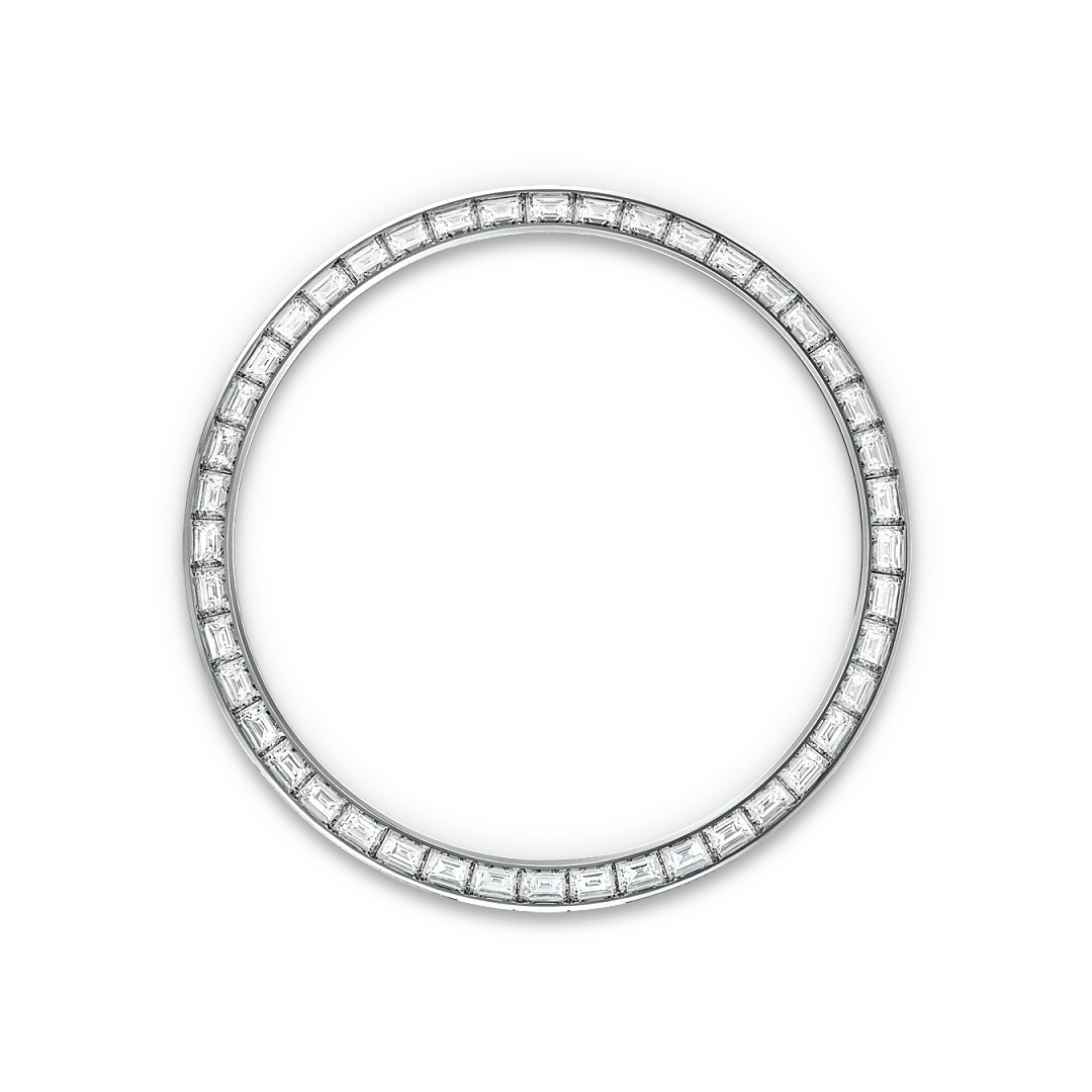 A circular bezel set with a continuous row of rectangular-cut diamonds, showcasing fine luxury jewelry craftsmanship against a black background.