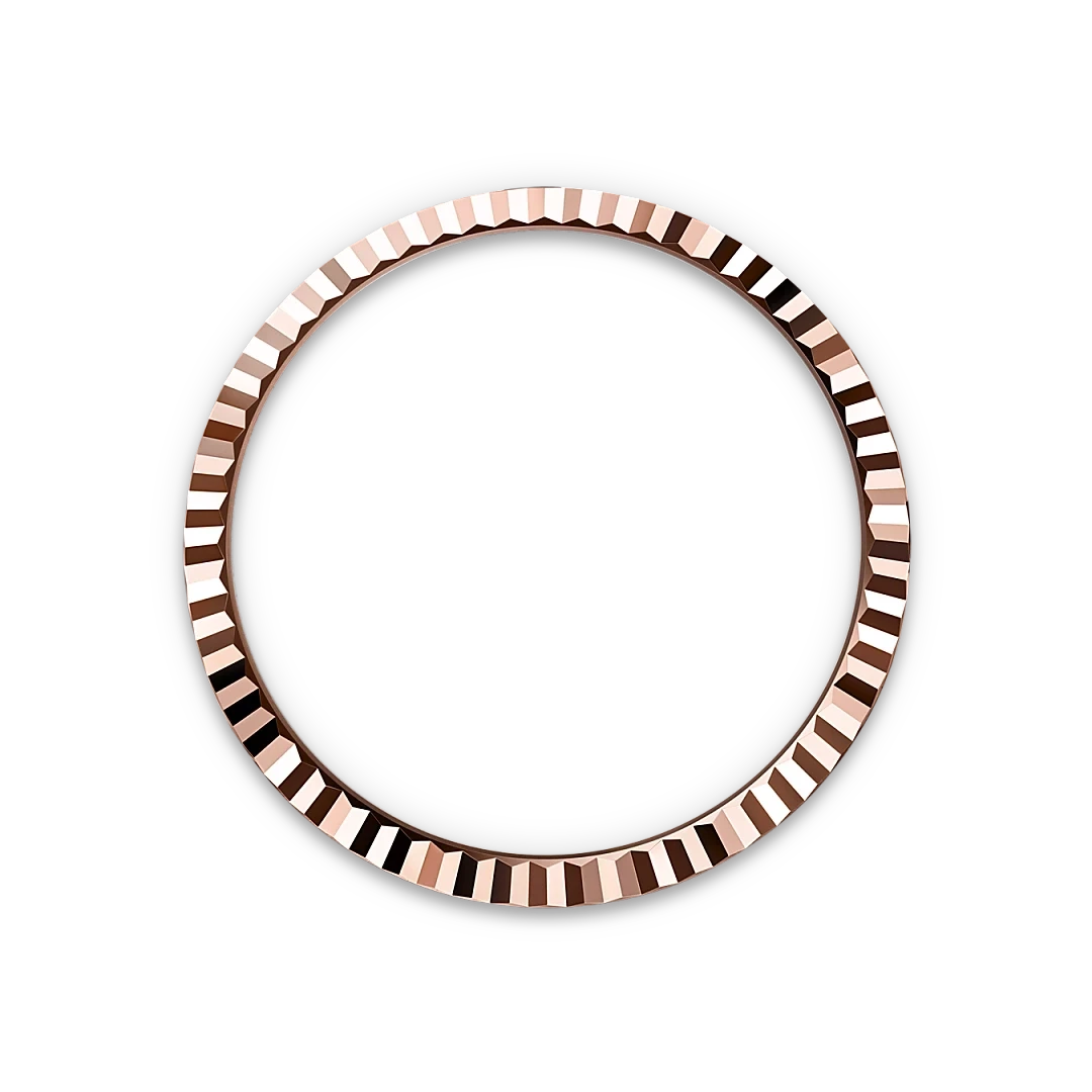 Rose gold textured circular bezel with a fluted design, shown against a black background, capturing the elegance of luxury jewelry craftsmanship.