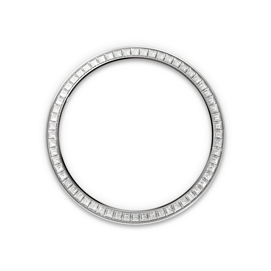 Close-up of a circular bezel set with rectangular clear gemstones, showcasing fine craftsmanship and luxury jewelry design.