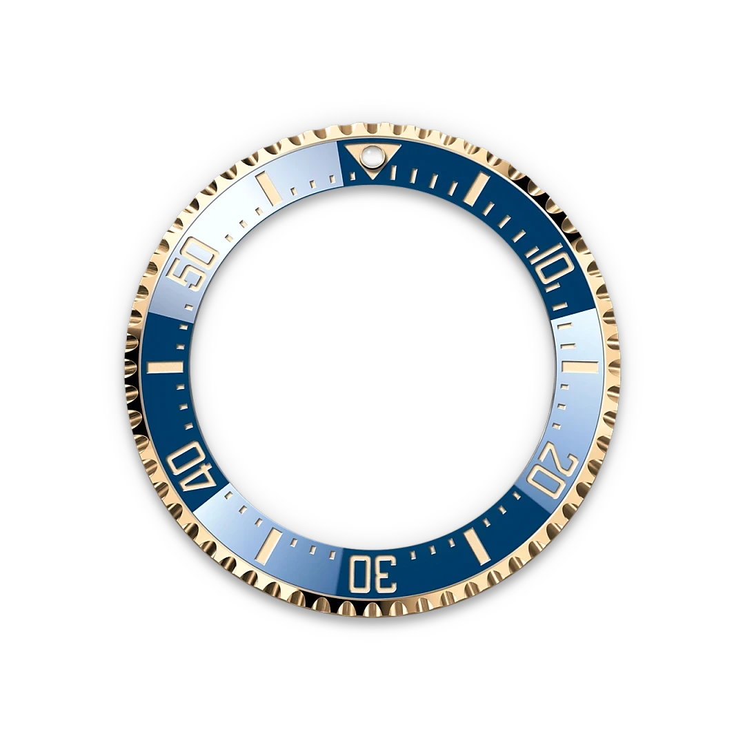 Rotating blue and gold bezel ring with minute markers commonly found on luxury watches, highlighting fine craftsmanship and elegant design.