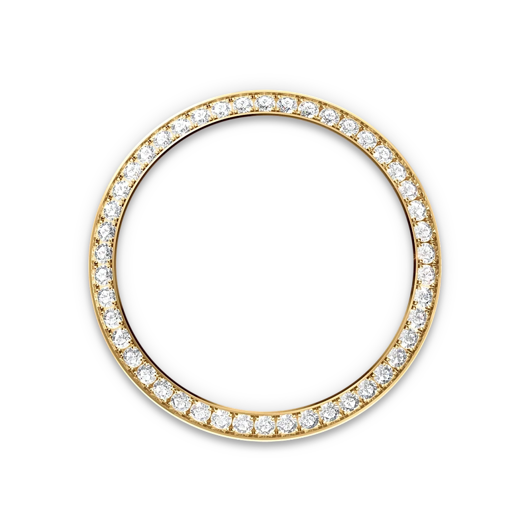 Close-up of a delicate gold ring bezel set with evenly spaced round diamonds, highlighting fine craftsmanship and luxury jewelry details.