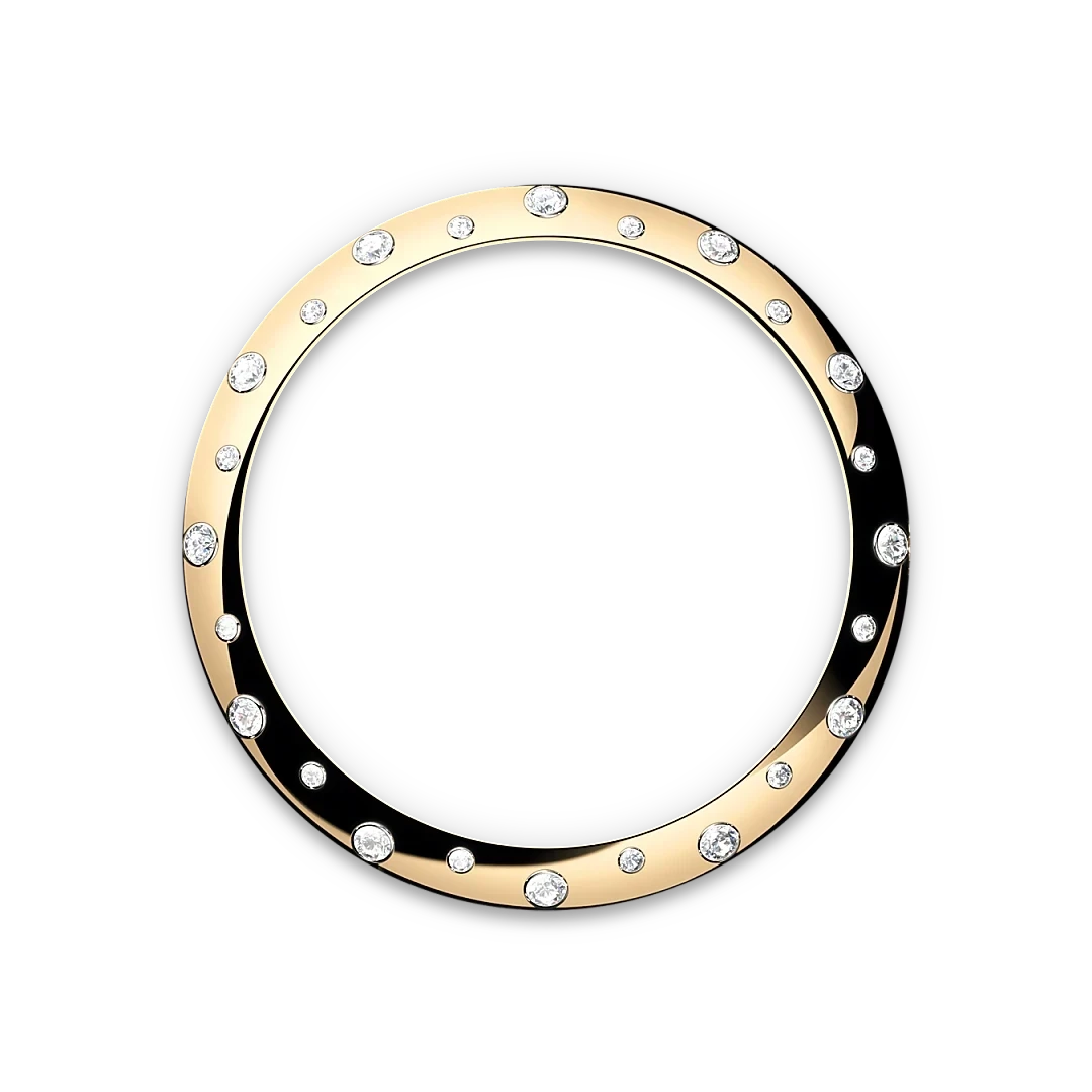 Circular gold bezel set with various sizes of sparkling diamonds, displayed on a black background, reflecting luxury jewelry craftsmanship and elegance.