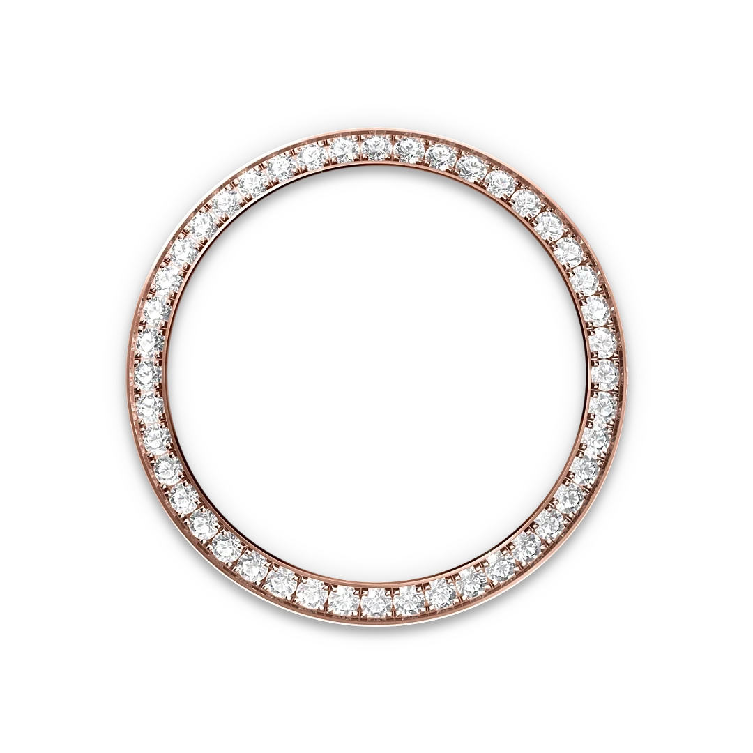 Rose gold circular bezel ring elegantly set with a continuous row of sparkling diamonds, highlighting fine craftsmanship and luxury jewelry design.