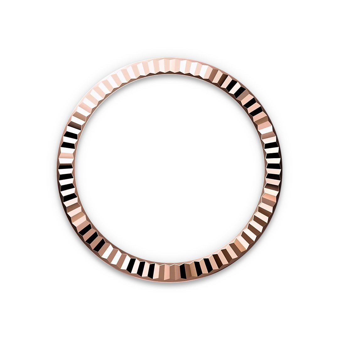 Rose gold textured circular bezel with a faceted design, displayed on a black background, highlighting its polished luxury jewelry craftsmanship.
