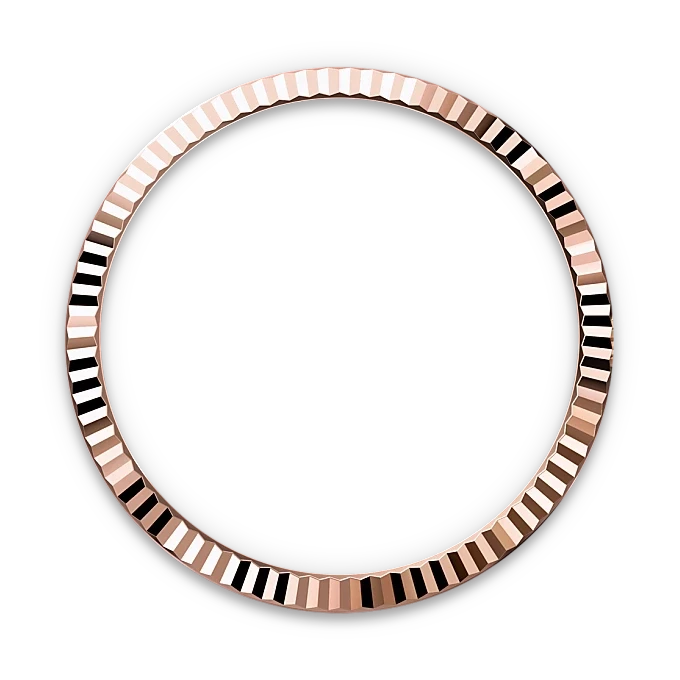 Rose gold watch bezel with a fluted texture, reflecting light with alternating polished and matte facets against a black background, highlighting luxury and fine craftsmanship.
