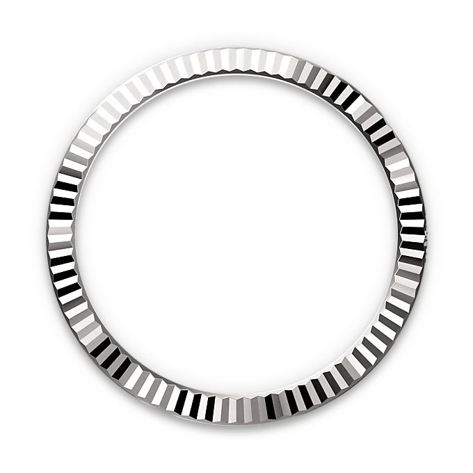 Close-up of a polished, fluted silver bezel ring set against a black background, highlighting its reflective, textured surface commonly found in luxury watches.