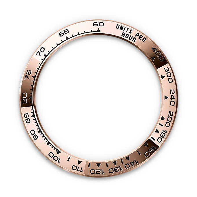 Rose gold bezel for a luxury watch displaying a tachymeter scale with units per hour markings, highlighting precision and fine craftsmanship.