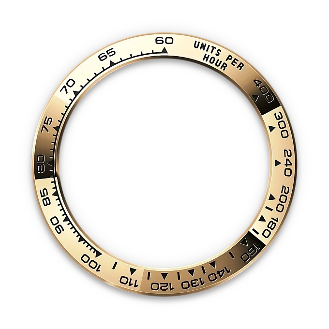 Close-up view of a gold bezel ring with engraved tachymeter scale markings ranging from 60 to 400 units per hour, set against a black background.