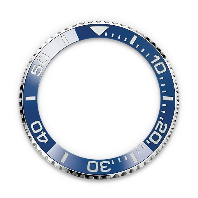 Blue and silver notched bezel ring with minute markers and numbers commonly found on a luxury watch, highlighting fine craftsmanship and attention to detail.