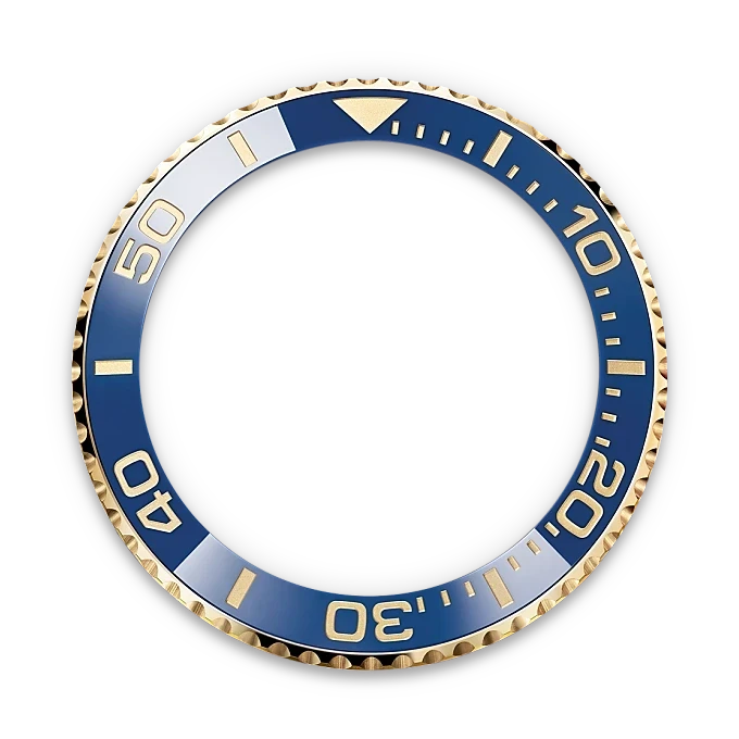 Close-up of a blue and gold watch bezel designed for a luxury timepiece, highlighting detailed minute markers and a textured gold edge, perfect for Rolex and fine jewelry enthusiasts.