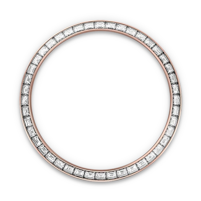Circle of baguette-cut diamonds set in a rose gold bezel against a black background, showcasing fine luxury jewelry craftsmanship.