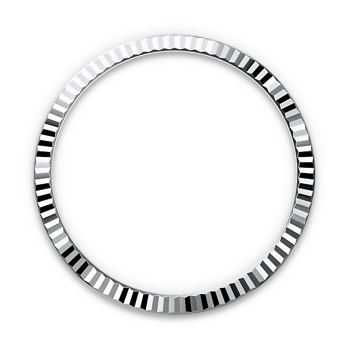 Close-up of a faceted silver bezel ring with a reflective, textured surface set against a black background, highlighting luxury watch craftsmanship.