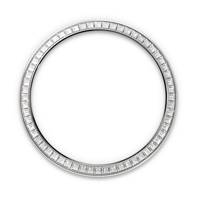 Close-up of a circular bezel set with a continuous row of clear rectangular-cut gemstones, designed as a luxury jewelry watch component.