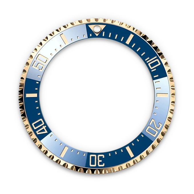 Close-up of a gold and blue luxury watch bezel with minute markers in a circular design, highlighting fine craftsmanship and elegant detailing.
