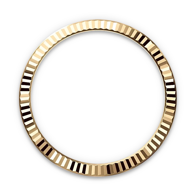 A polished gold bezel with a fluted pattern forming a perfect circular ring against a black background, highlighting its reflective luxury jewelry design.