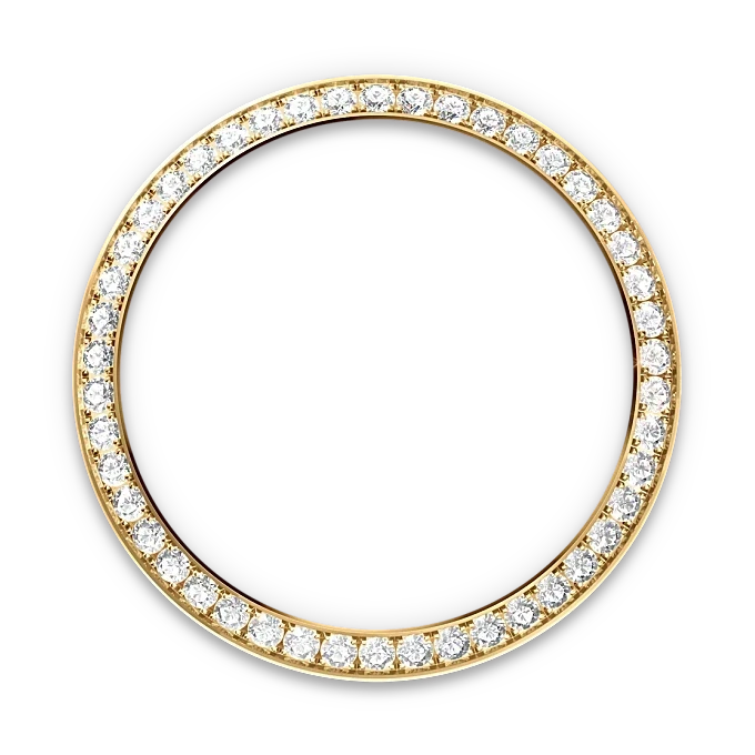 Round gold bezel ring adorned with evenly spaced sparkling diamonds set against a black background, highlighting fine craftsmanship in luxury jewelry.