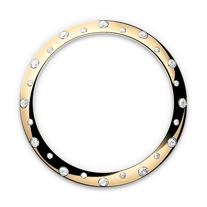 Circular gold bezel adorned with evenly spaced sparkling diamonds on a black background, evoking luxury jewelry and fine craftsmanship.