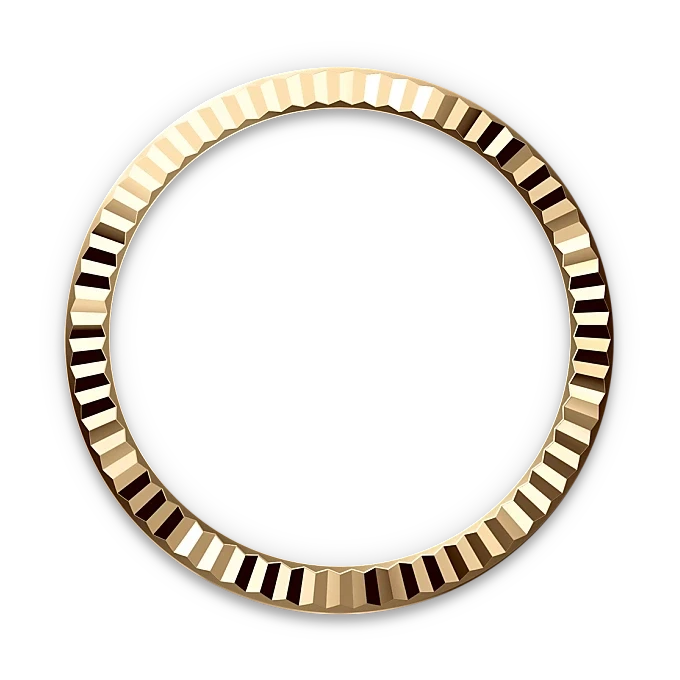 Close-up of a polished gold bezel with a faceted edge, displayed against a black background, highlighting its elegant texture and reflective surface.