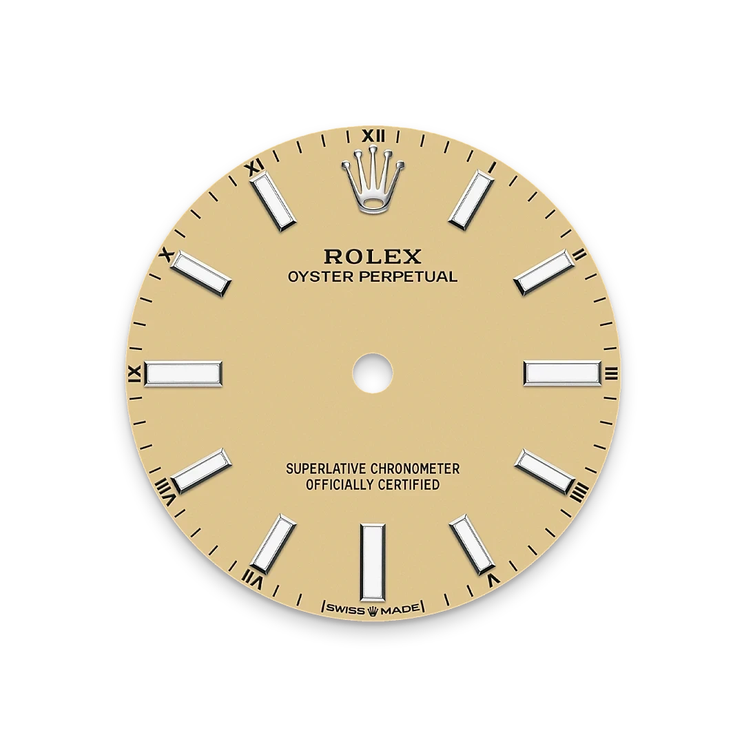 Rolex Oyster Perpetual watch dial with a beige background, silver hour markers, Roman numeral markers at the quarter hours, and the Rolex crown logo at the top, highlighting luxury watch design and Swiss craftsmanship.