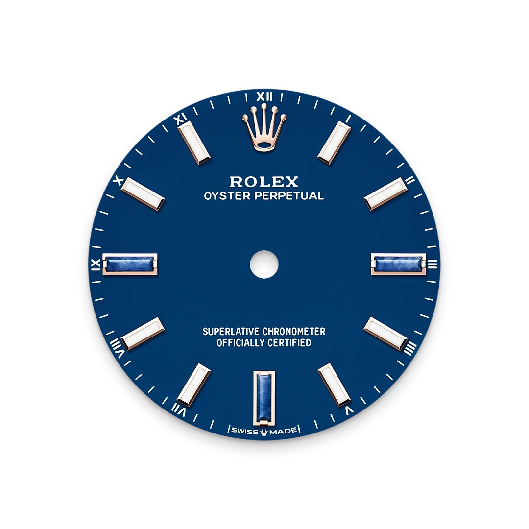 Blue Rolex Oyster Perpetual watch dial featuring white Roman numeral hour markers, the Rolex crown logo, and text indicating its certified chronometer status and Swiss origin.