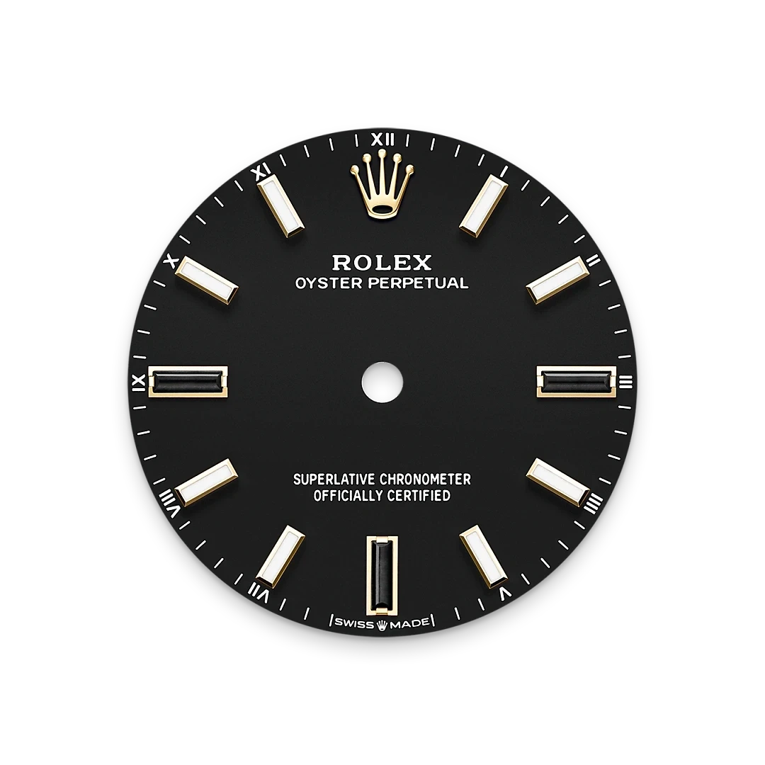 Close-up of a black Rolex Oyster Perpetual watch face with gold accents, Roman numerals, and the Rolex crown logo, highlighting luxury watch craftsmanship.