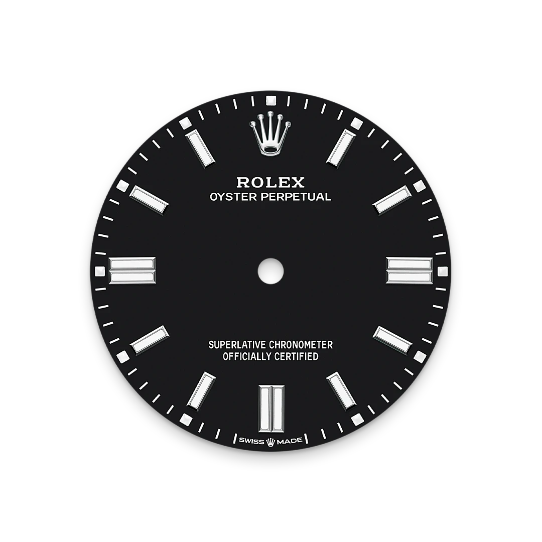 Black Rolex watch dial with silver hour markers, the Rolex crown logo at 12 o'clock, and inscriptions including 