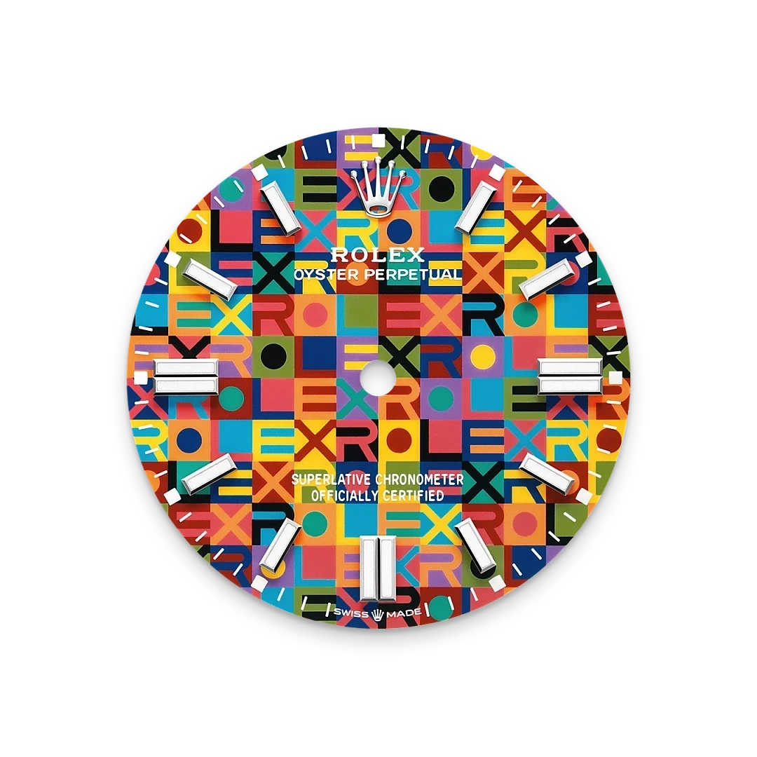 Colorful Rolex watch face featuring a vibrant grid pattern with overlapping letters, silver hour markers, and iconic branding including 