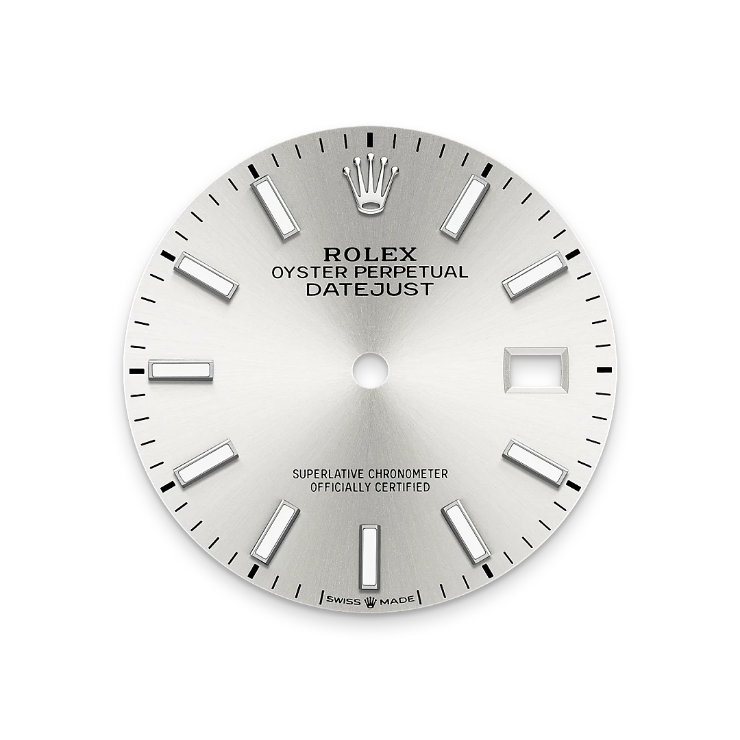 Rolex Oyster Perpetual Datejust watch dial in silver with rectangular hour markers and a date window, featuring luxury watch craftsmanship by a family-owned jeweler.