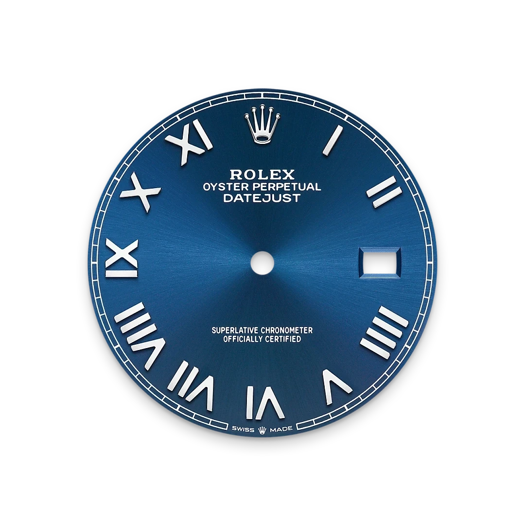Close-up of a deep blue Rolex Oyster Perpetual Datejust watch face featuring silver Roman numerals, the Rolex crown logo, and a date window, highlighting luxury watch craftsmanship.