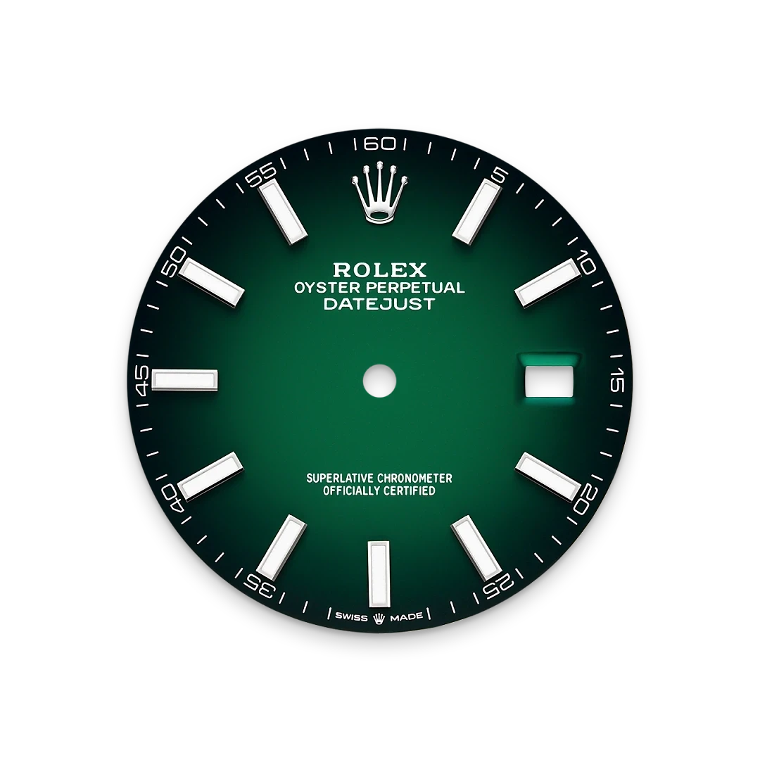 Green Rolex Oyster Perpetual Datejust watch dial with white hour markers, the Rolex crown logo at 12 o'clock, and a date window at 3 o'clock, designed for luxury and precision.