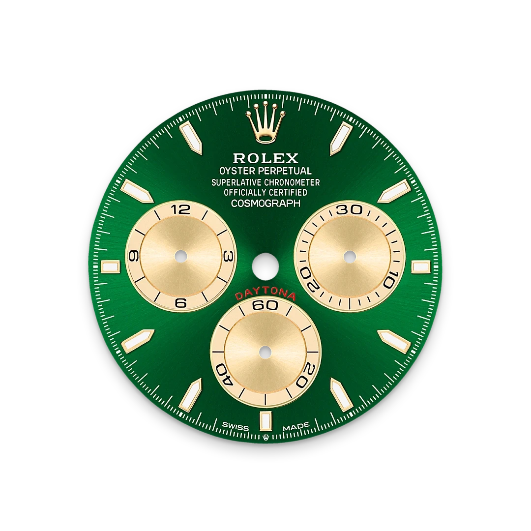 Green Rolex Daytona watch dial with gold subdials, white hour markers, and Rolex crown logo, highlighting luxury watch craftsmanship and timeless design.