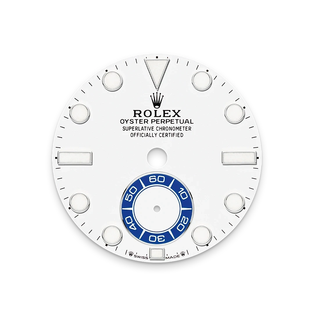 Rolex Oyster Perpetual watch face with silver hour markers and a blue ring subdial for seconds, showcasing luxury watch craftsmanship and certified precision.