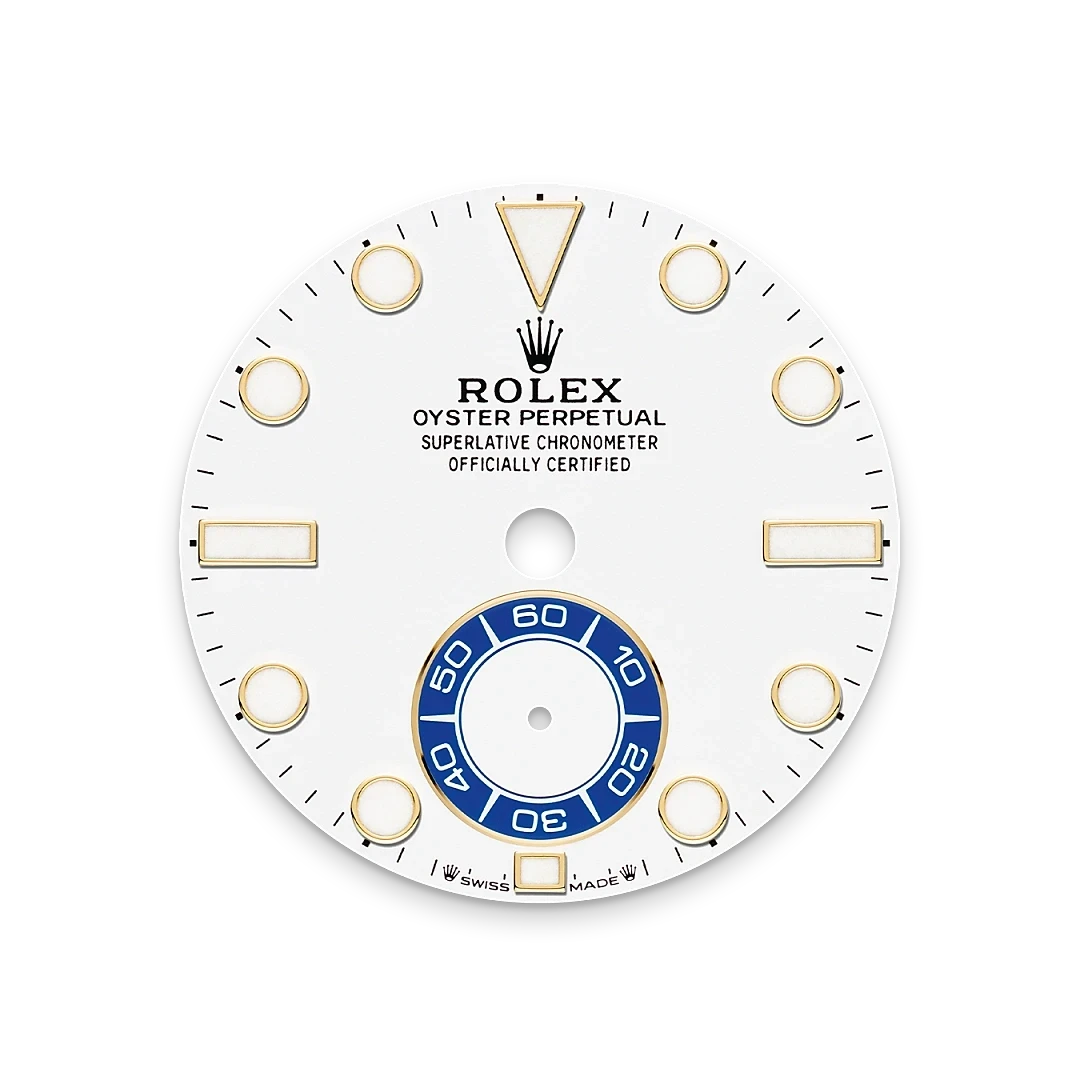 Close-up of a white Rolex Oyster Perpetual watch dial featuring gold hour markers, a blue subdial with numerals, and black text reading 