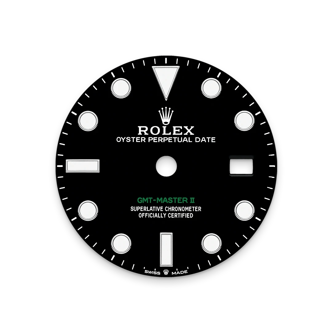 Black Rolex watch dial with white hour markers and text including 